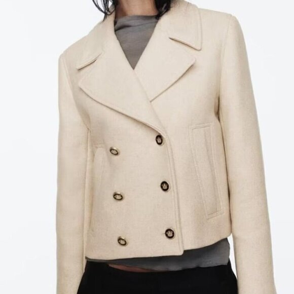 ZARA CROPPED WOOL BLEND DOUBLE BREASTED COAT - Picture 1 of 9